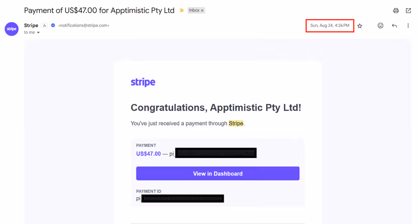 Stripe notification showing a payment of US$47.00 for Apptimistic Pty Ltd.