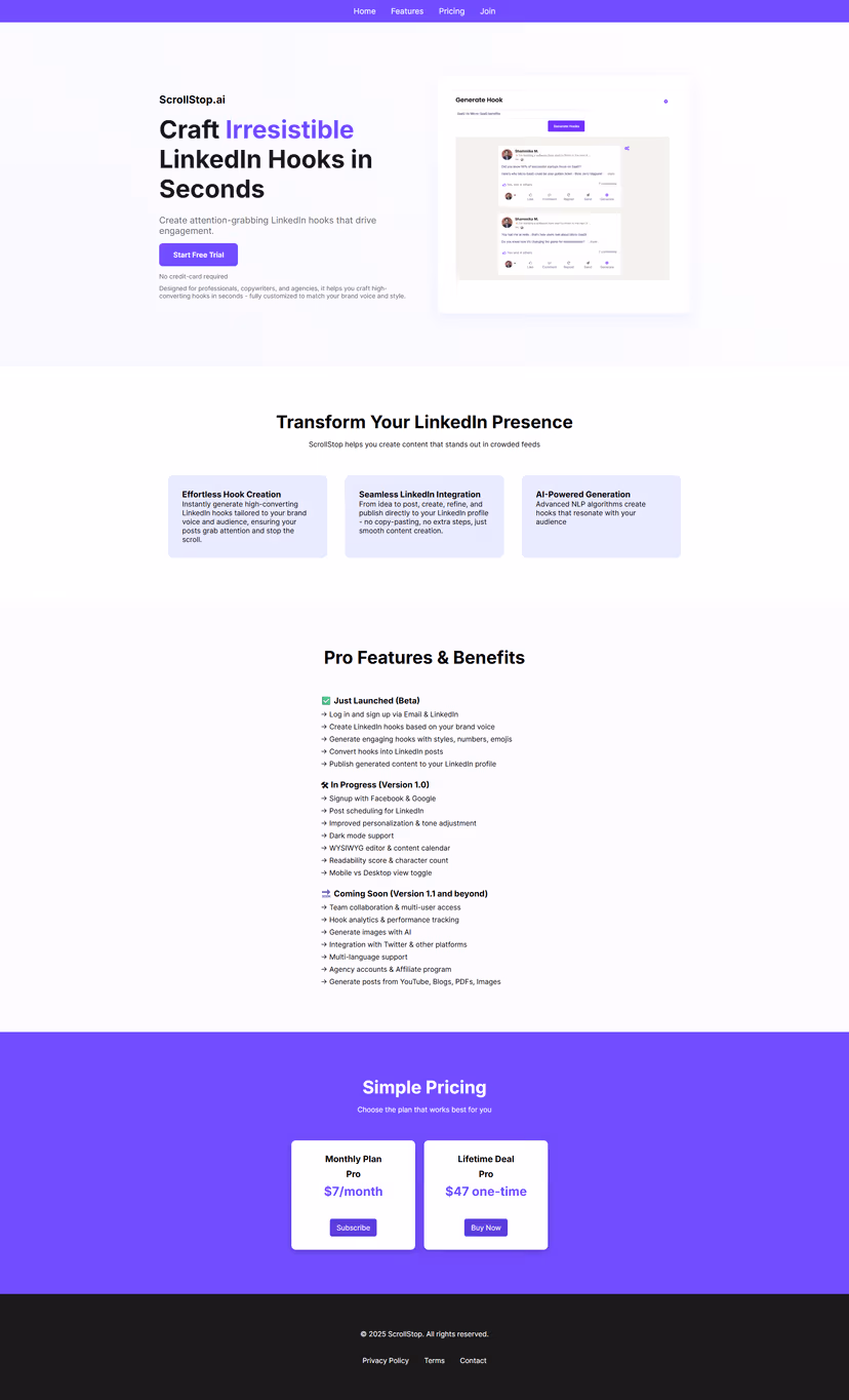 The original ScrollStop landing page: a single static page with two buttons that pointed straight at Stripe.